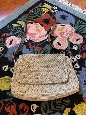 Vintage Woven Rattan Straw Crossbody Bag in Natural with Brown Strap